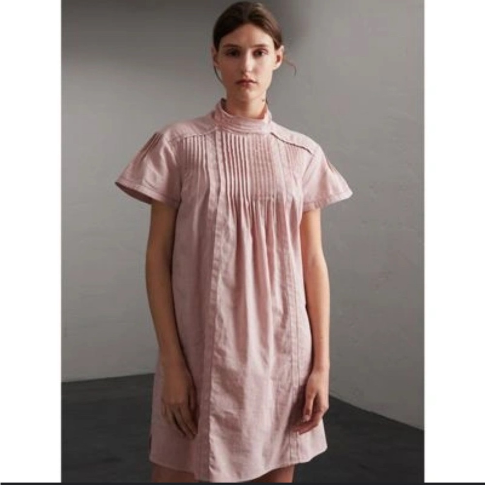 Burberry Linen Pink Pleated Mini Dress with Flutter Sleeves